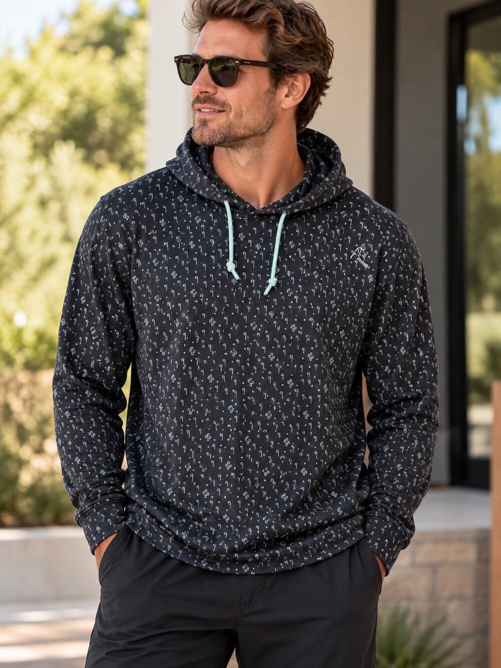 Rhoback Cactus Printed Long Sleeve Pullover Performance Hoodie Black Men's XXL